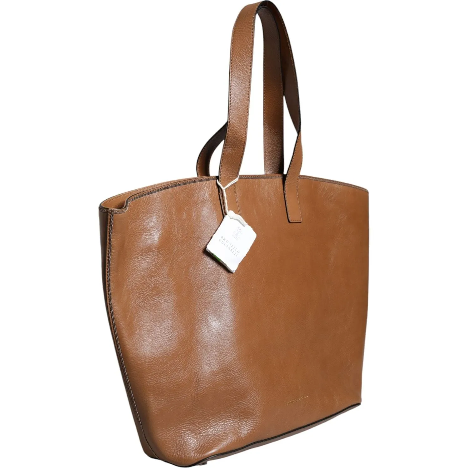 Brunello Cucinelli Brown Leather Logo Shoulder Strap Shopping Tote Bag