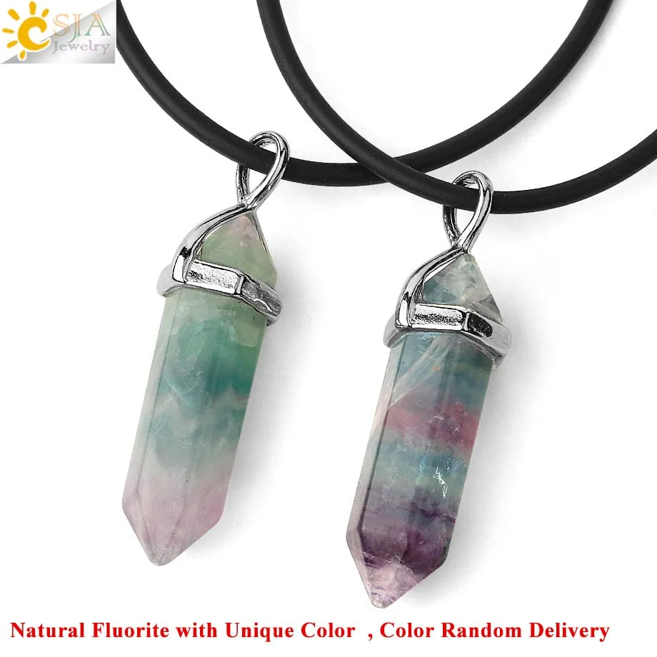 CSJA Natural Fluorite Necklace Pendants Gem Stone Crystal Necklaces Bullet Healing Suspension for Women Men Reiki Jewelry G548