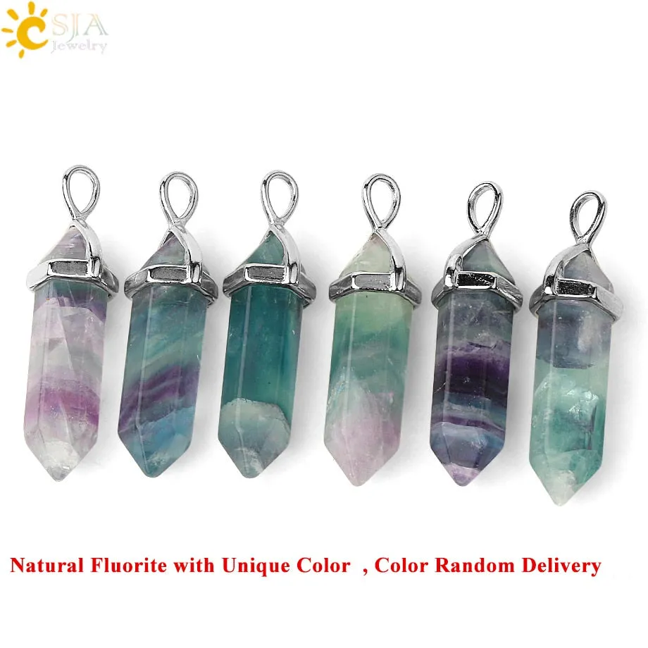 CSJA Natural Fluorite Necklace Pendants Gem Stone Crystal Necklaces Bullet Healing Suspension for Women Men Reiki Jewelry G548