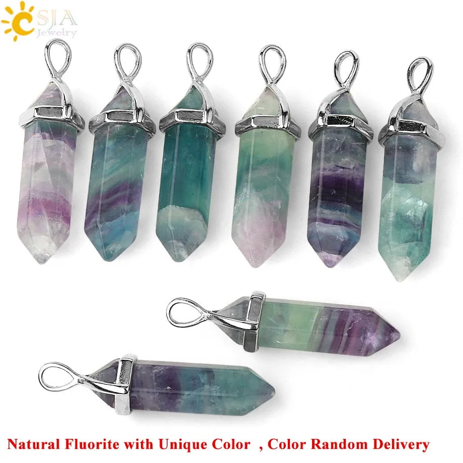 CSJA Natural Fluorite Necklace Pendants Gem Stone Crystal Necklaces Bullet Healing Suspension for Women Men Reiki Jewelry G548