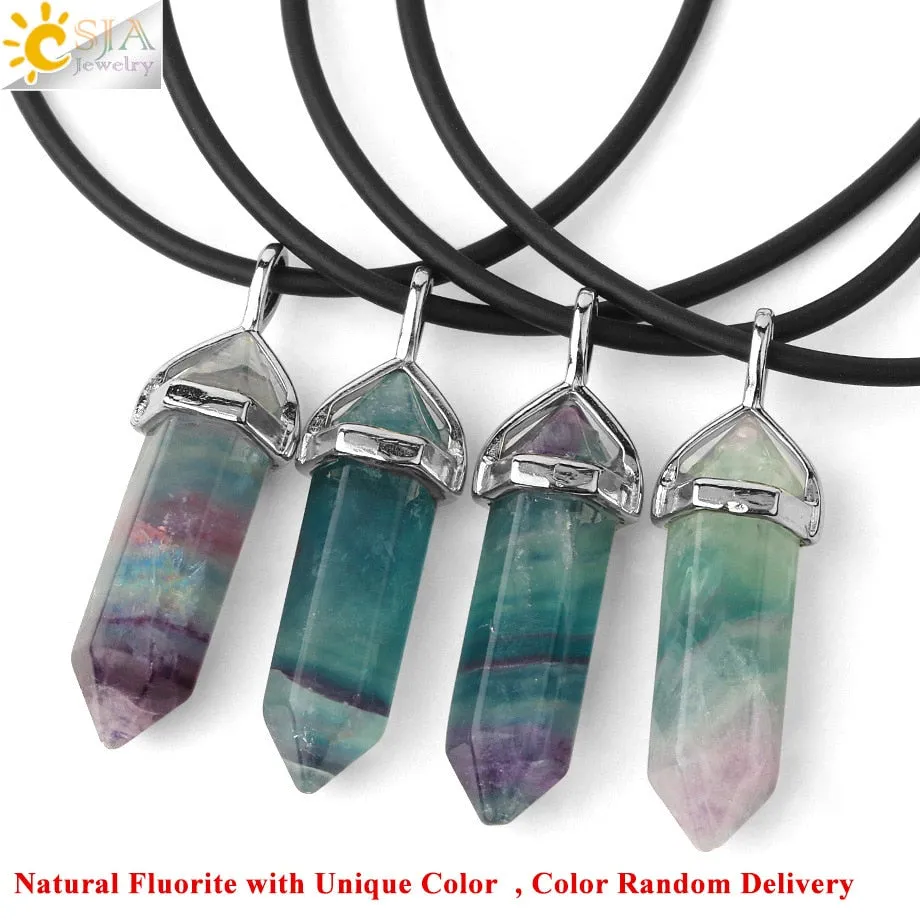 CSJA Natural Fluorite Necklace Pendants Gem Stone Crystal Necklaces Bullet Healing Suspension for Women Men Reiki Jewelry G548