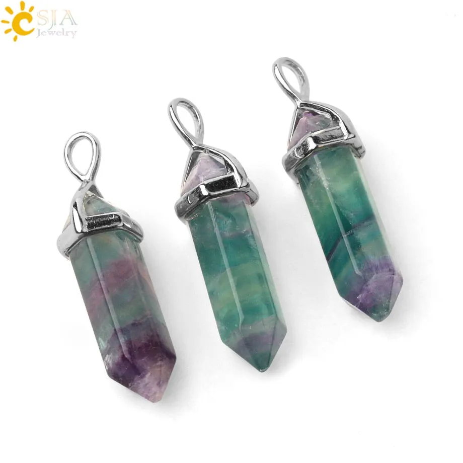 CSJA Natural Fluorite Necklace Pendants Gem Stone Crystal Necklaces Bullet Healing Suspension for Women Men Reiki Jewelry G548