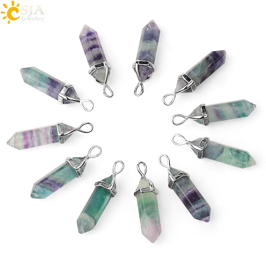 CSJA Natural Fluorite Necklace Pendants Gem Stone Crystal Necklaces Bullet Healing Suspension for Women Men Reiki Jewelry G548