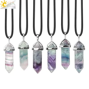 CSJA Natural Fluorite Necklace Pendants Gem Stone Crystal Necklaces Bullet Healing Suspension for Women Men Reiki Jewelry G548