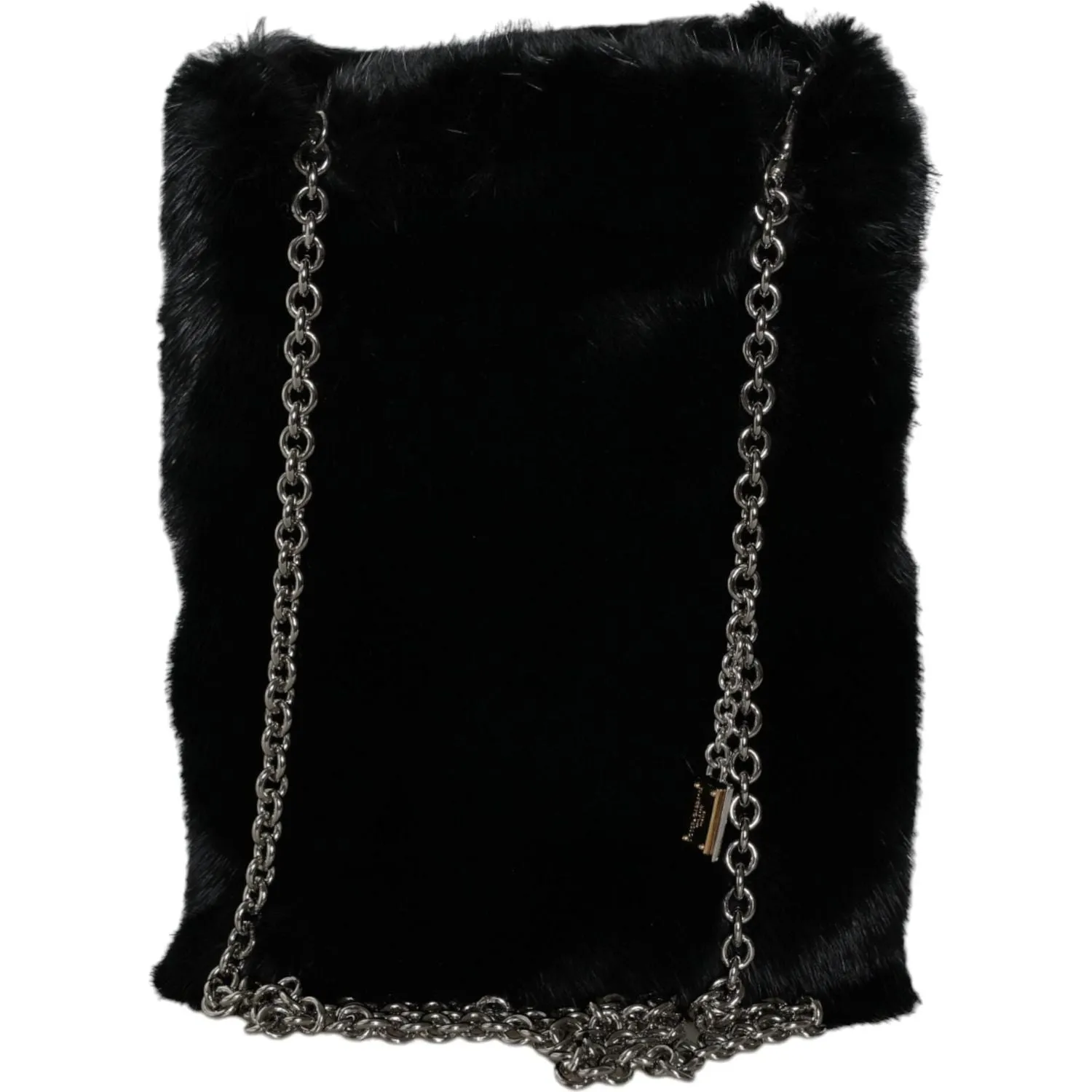 Dolce & Gabbana Black Faux Fur Silver Chain Crossbody Shoulder Purse Bag