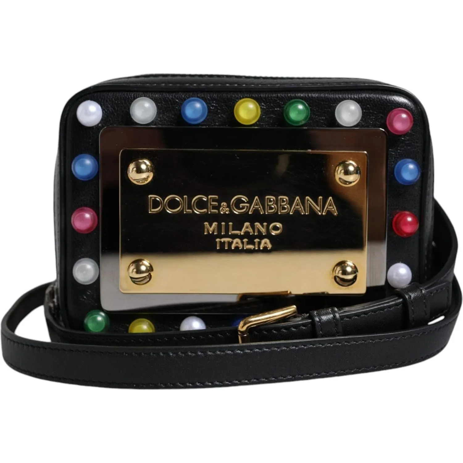 Dolce & Gabbana Black Leather LED Logo Shoulder Crossbody Bag