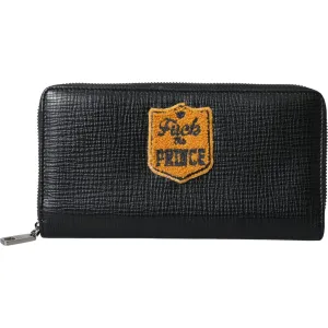 Dolce & Gabbana Black Leather Logo Patch Zip Around Continental Wallet