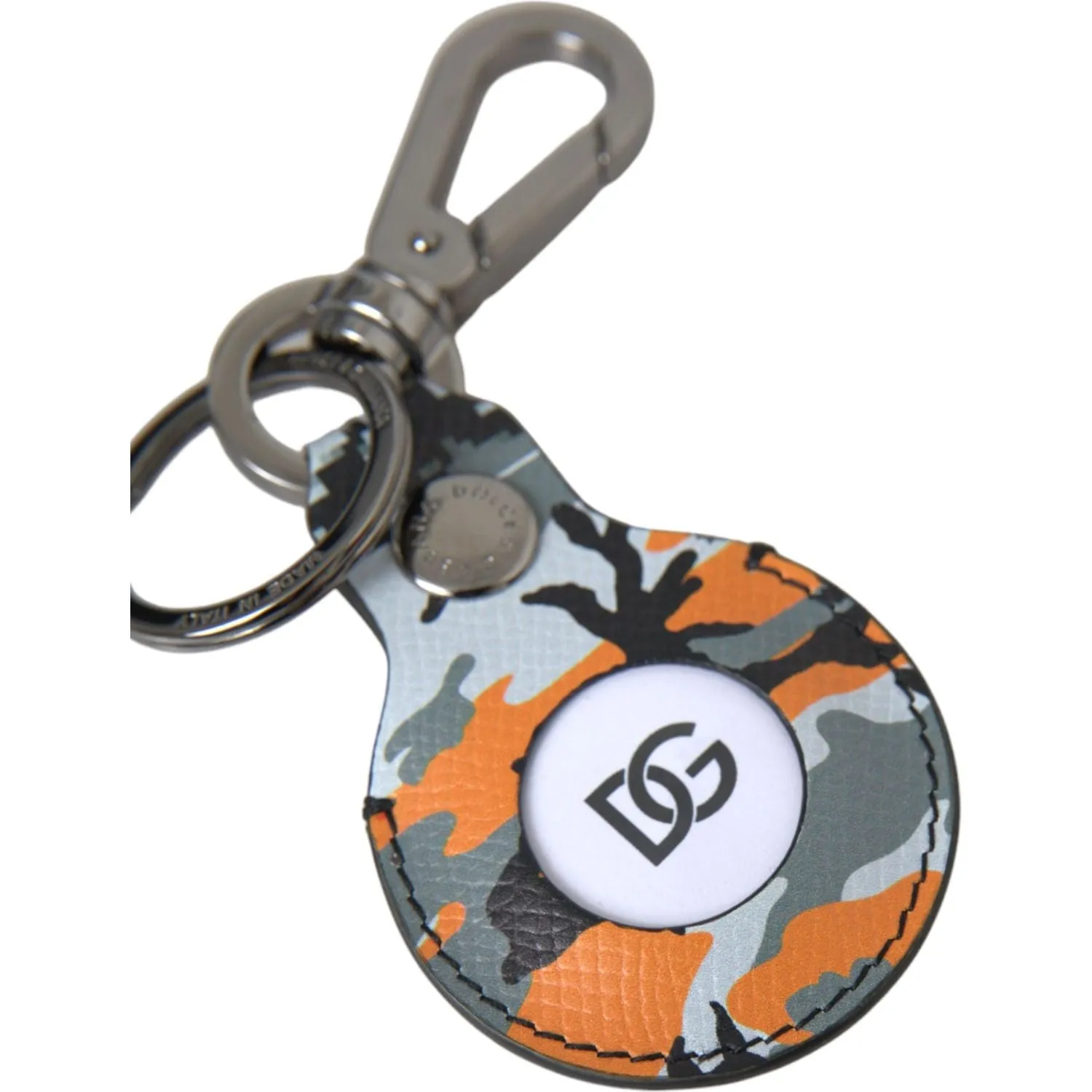 Dolce & Gabbana Camouflage Leather DG Logo Round Metal Keyring Keychain