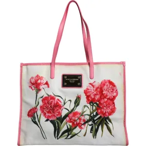 Dolce & Gabbana White Canvas Rose Embroidery Women Shopping Tote Bag