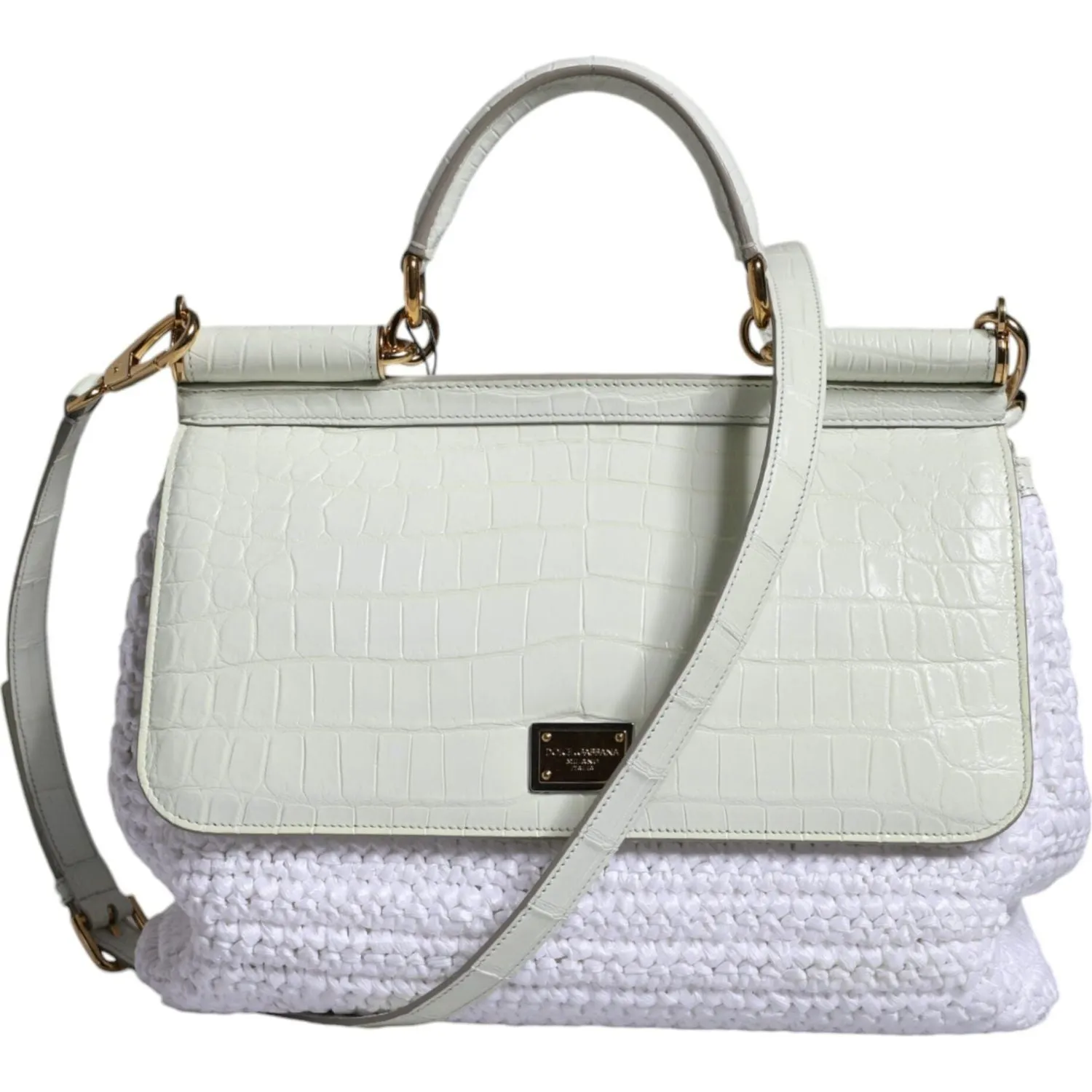 Dolce & Gabbana White Rafia Leather Top Handle Crossbody Bag