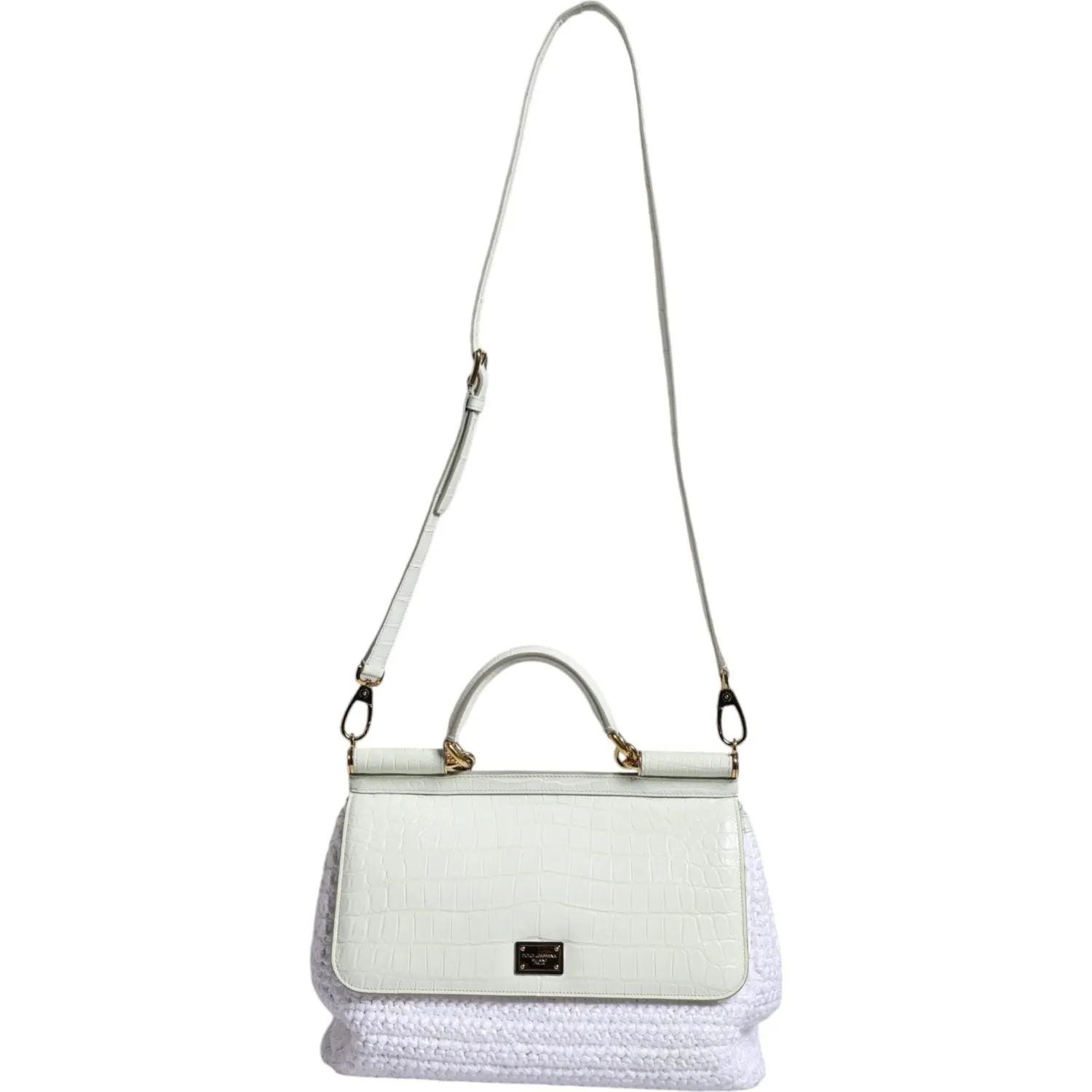 Dolce & Gabbana White Rafia Leather Top Handle Crossbody Bag