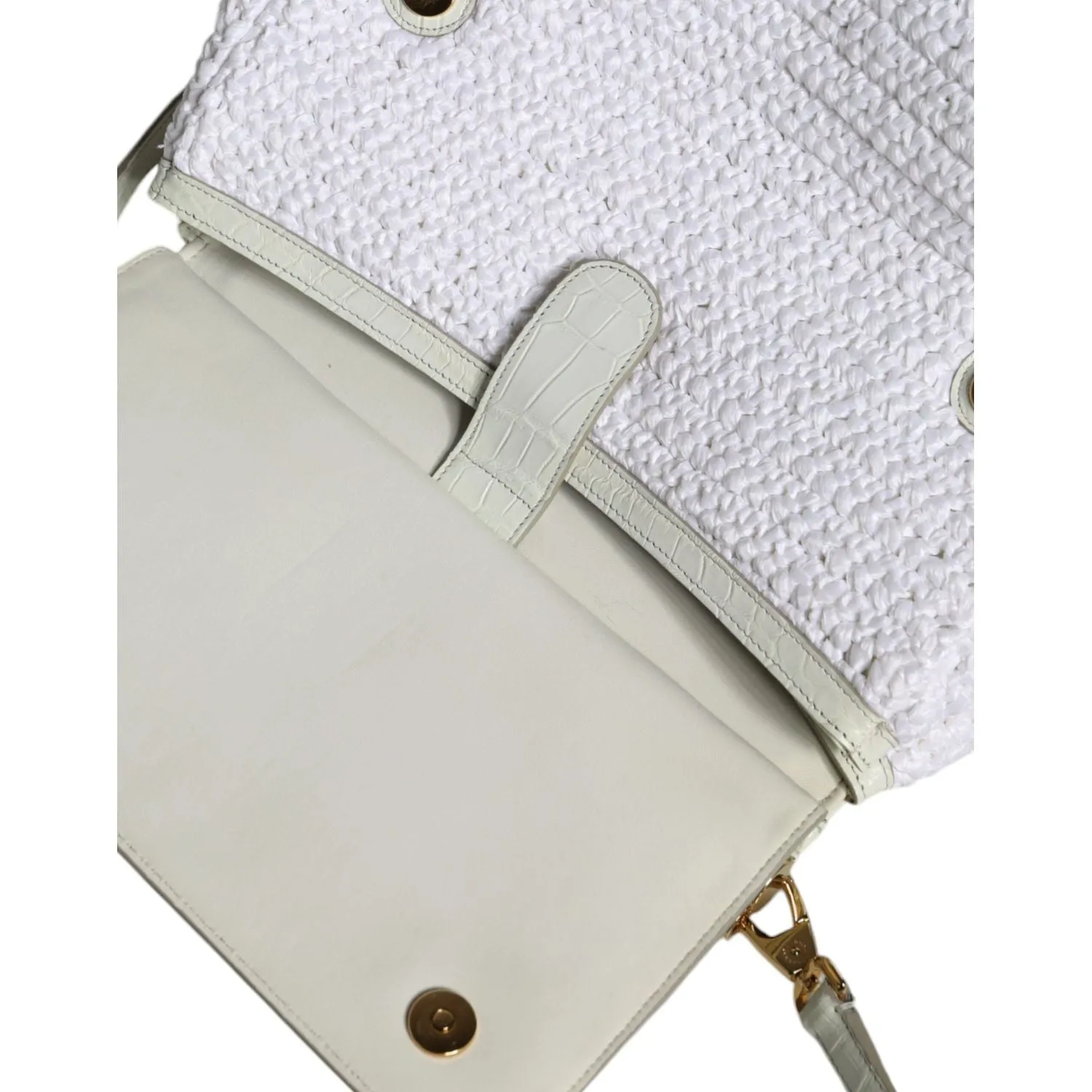 Dolce & Gabbana White Rafia Leather Top Handle Crossbody Bag