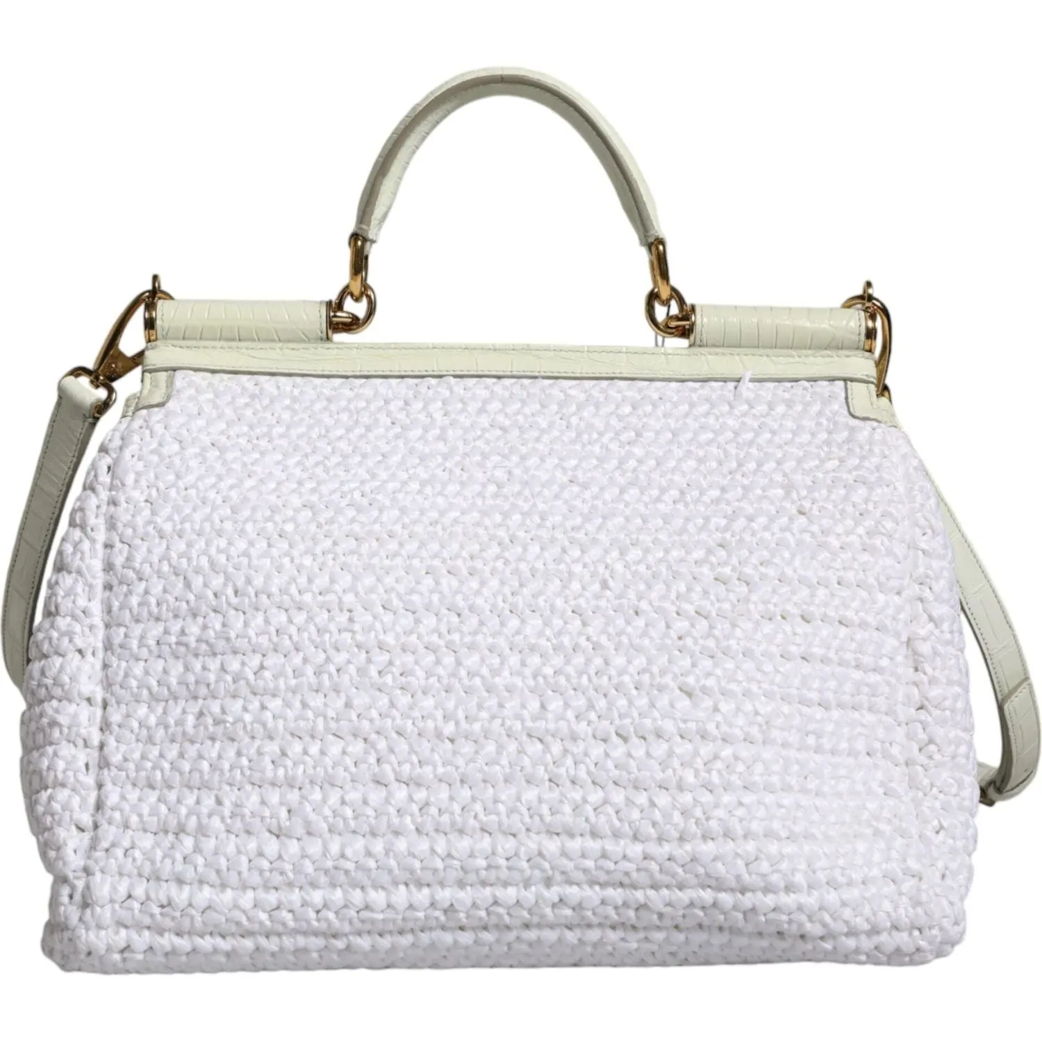 Dolce & Gabbana White Rafia Leather Top Handle Crossbody Bag