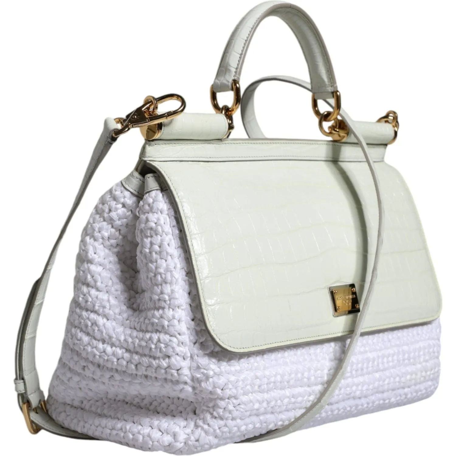 Dolce & Gabbana White Rafia Leather Top Handle Crossbody Bag