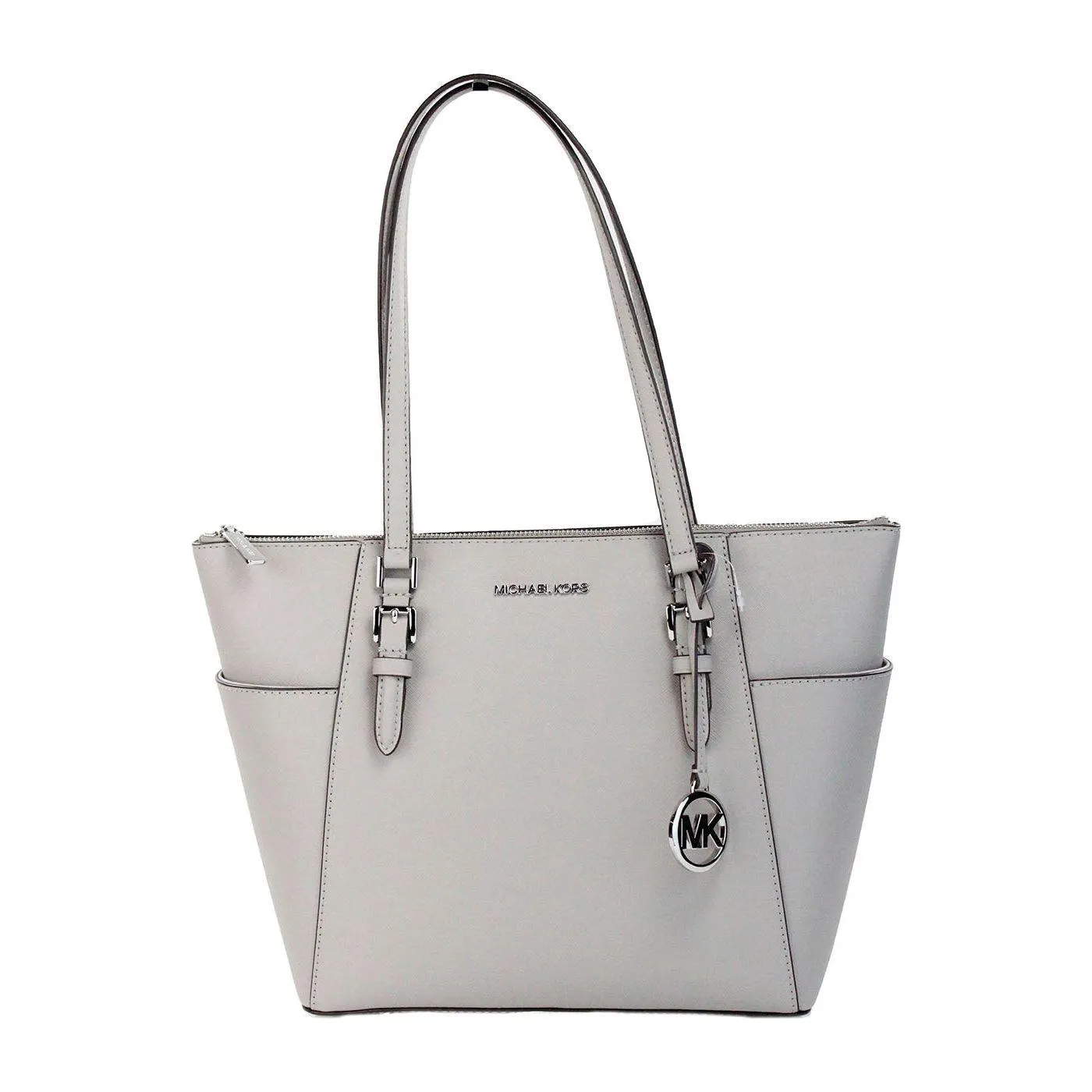 Michael Kors Charlotte Pearl Grey Large Leather Top Zip Tote Bag Purse