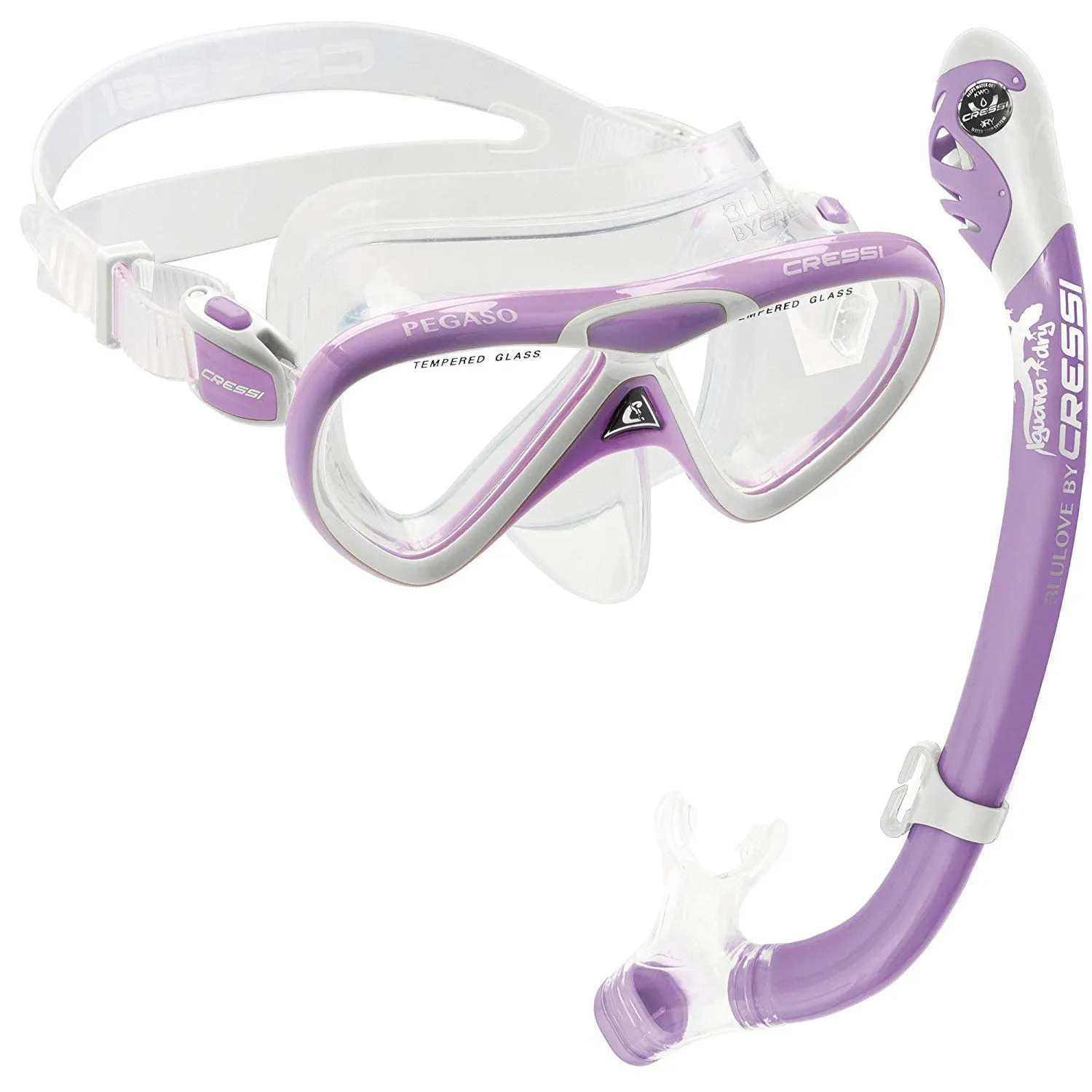 Open Box Cressi Junior Rocks Dry Mask Fin Snorkel Set-Lilac / White-Small / Medium