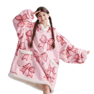 Sherpa Fleece Printed Short Wearable Blanket Hoodie Pink