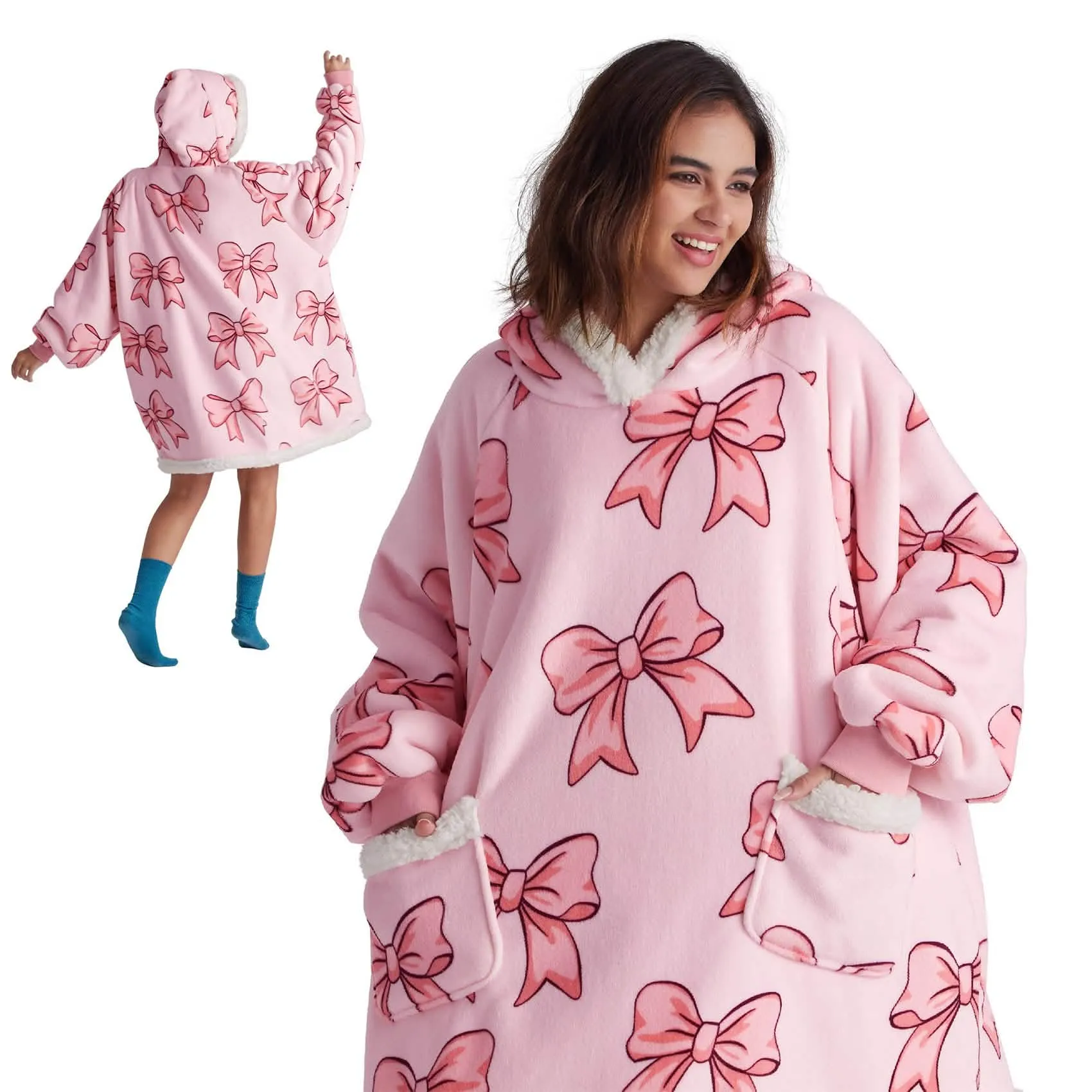 Sherpa Fleece Printed Short Wearable Blanket Hoodie Pink