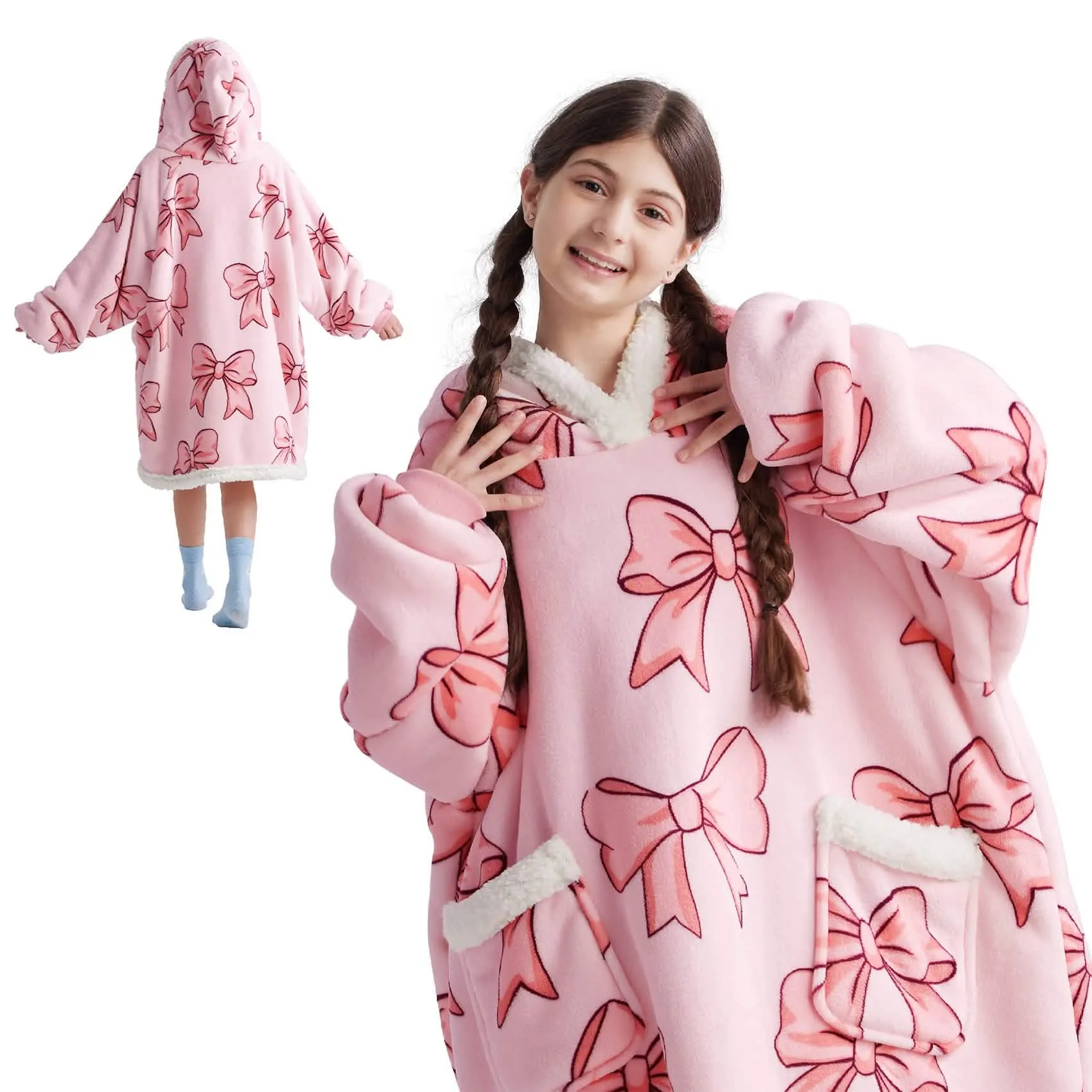 Sherpa Fleece Printed Short Wearable Blanket Hoodie Pink