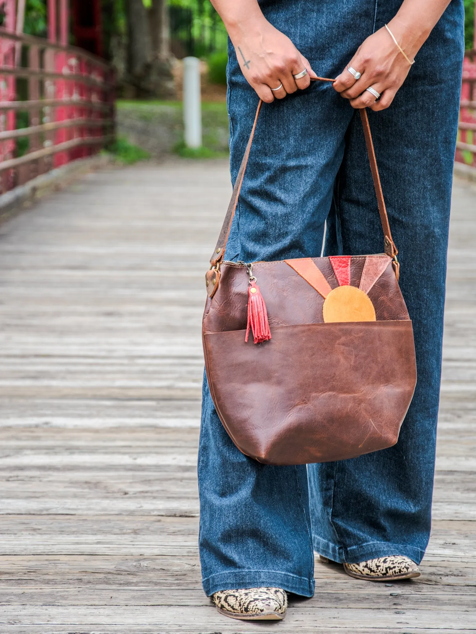 The Rising Sun Marie | Patchwork Leather Tote Bag | Crossbody Bag with Zipper and Tassel