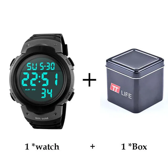 TTLIFE Men Watch Outdoor Sports Running Electronic Wrist Watches Alarm Clock 50m Waterproof Digital LED Military Mens Watch 1068