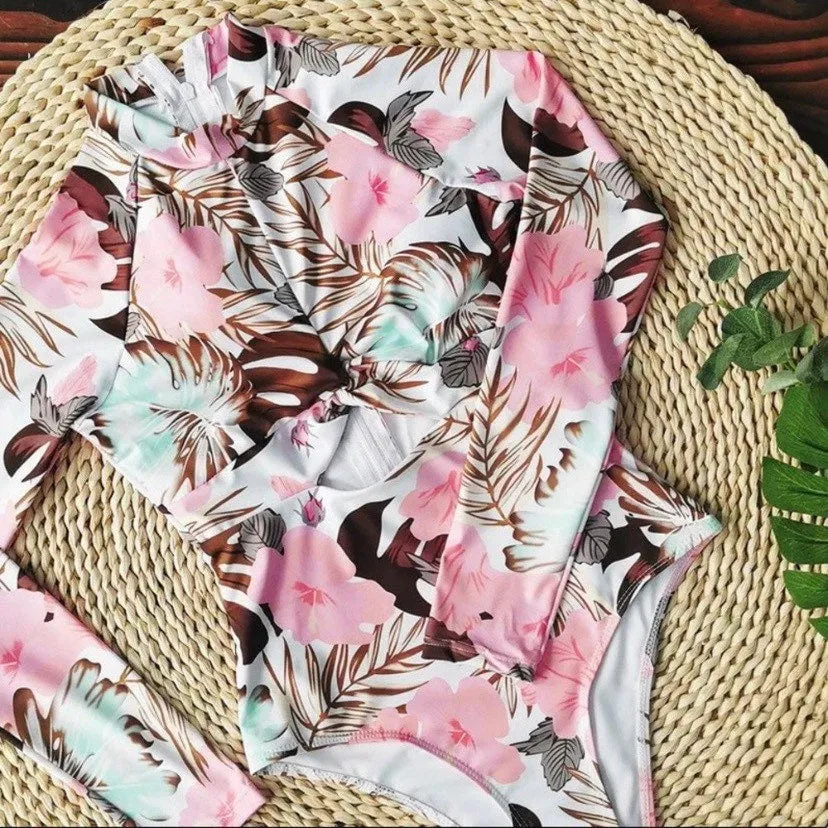 UPF Rashguard Pink Hibiscus - Aqua Palms surfsuit swimsuit (S-XL) white pink peach aqua mint beach pool surf swim women feminine modest