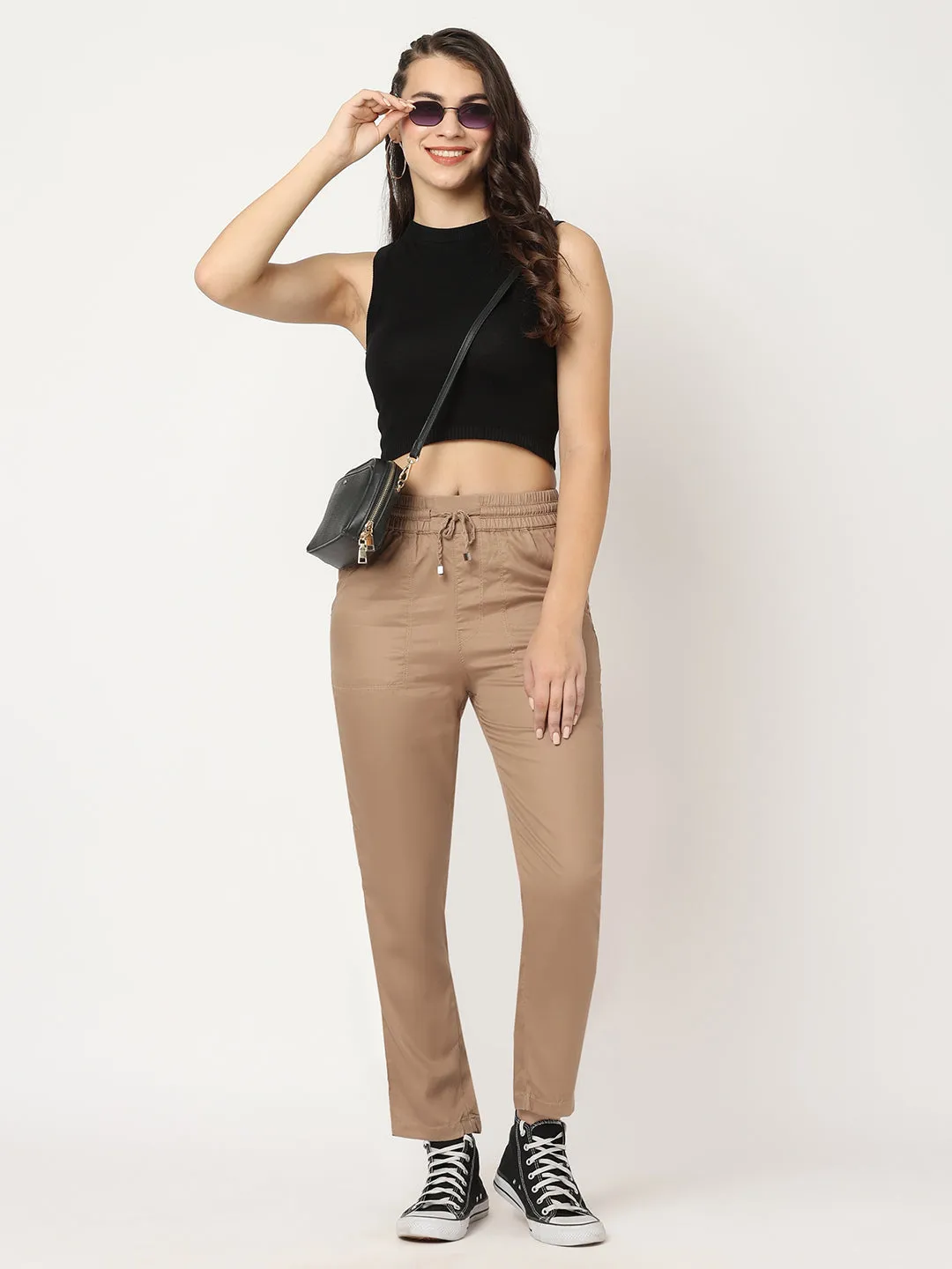 Women Dusty Rose High-Rise Paper Bag Pant